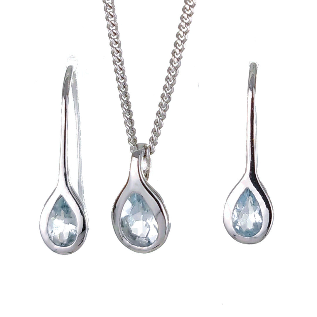 Aquamarine Rubover pear necklace earring set sterling silver