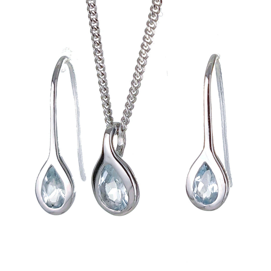 Aquamarine Rubover pear necklace earring set sterling silver