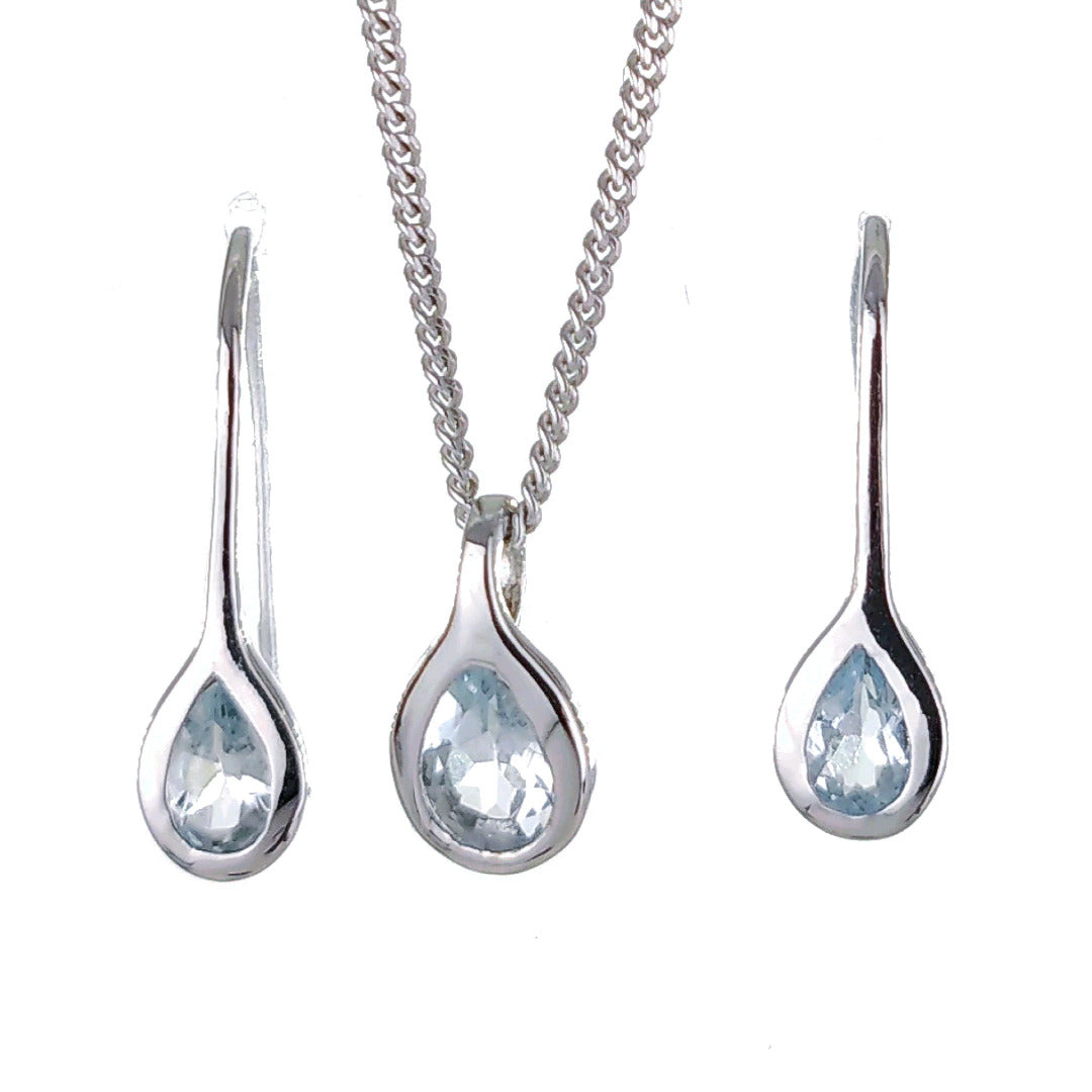 Aquamarine Rubover pear necklace earring set sterling silver