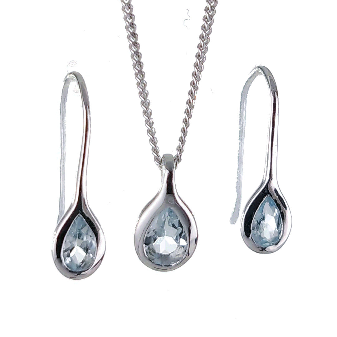 Aquamarine Rubover pear necklace earring set sterling silver