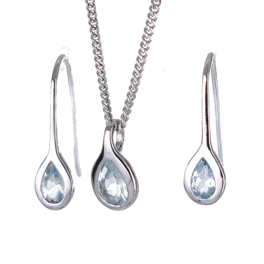 Aquamarine Rubover pear necklace earring set sterling silver