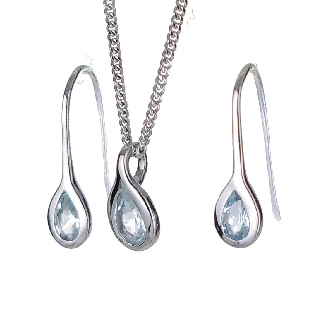 Aquamarine Rubover pear necklace earring set sterling silver