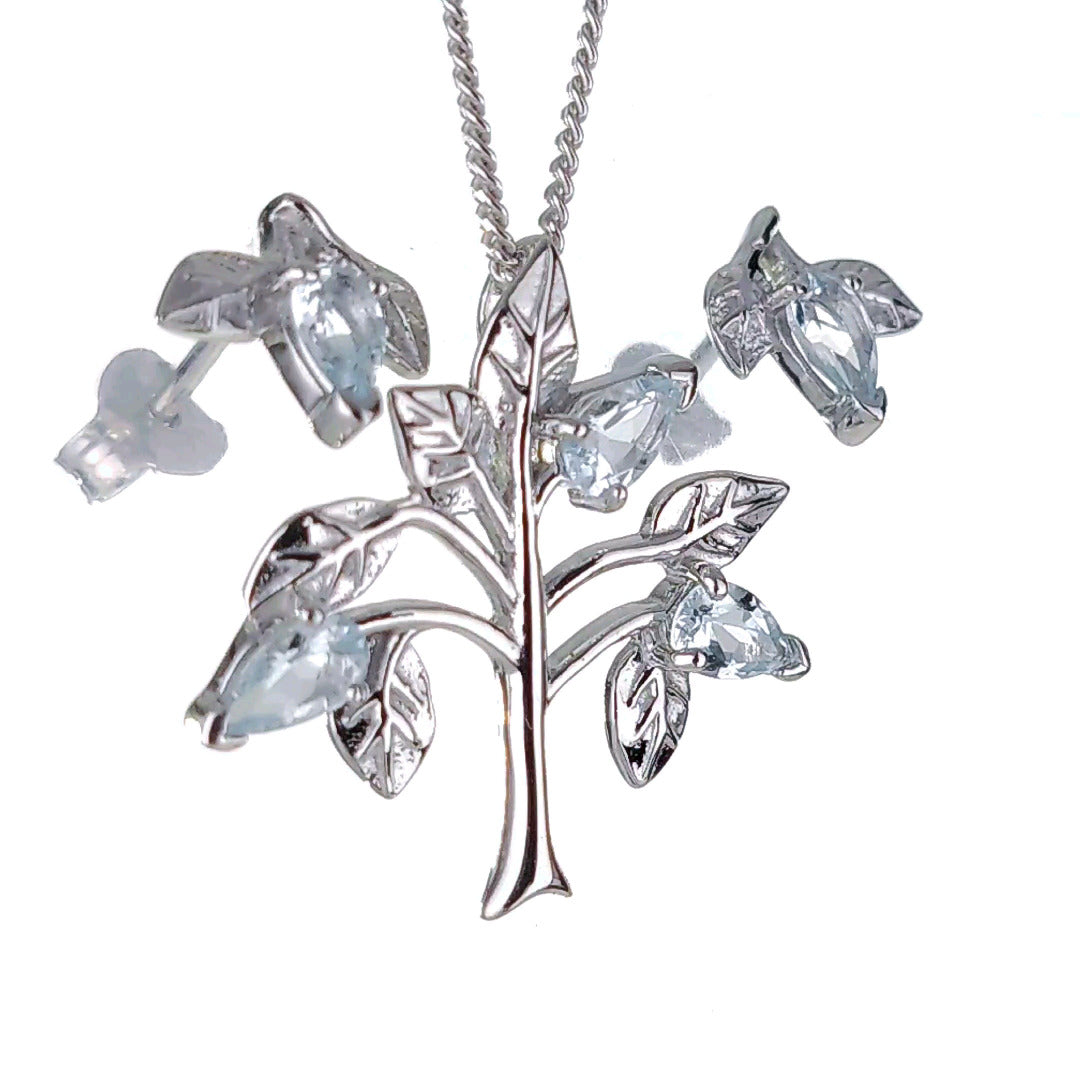 Aquamarine tree of life necklace earring set sterling silver