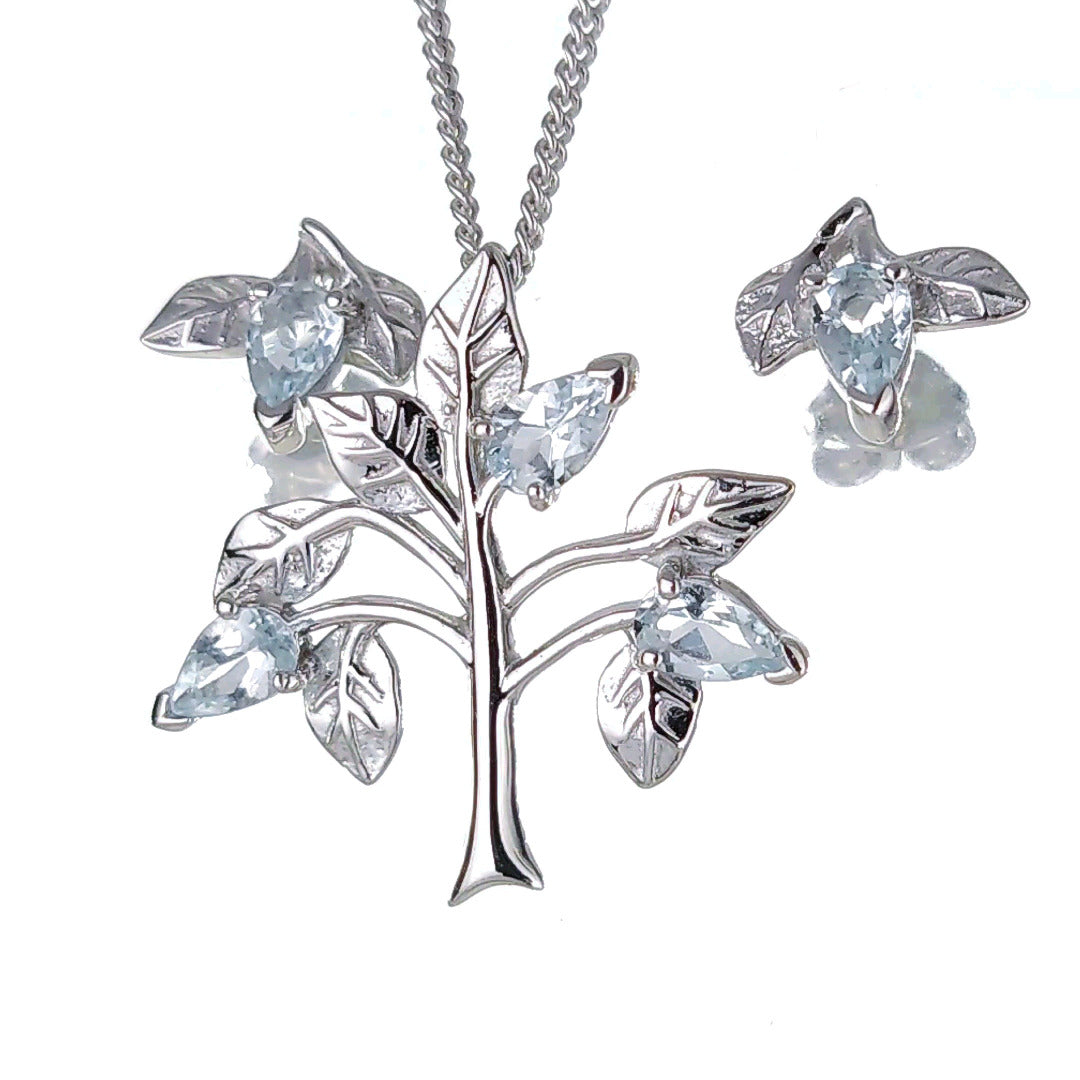 Aquamarine tree of life necklace earring set sterling silver