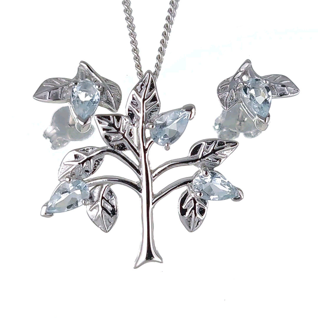 Aquamarine tree of life necklace earring set sterling silver