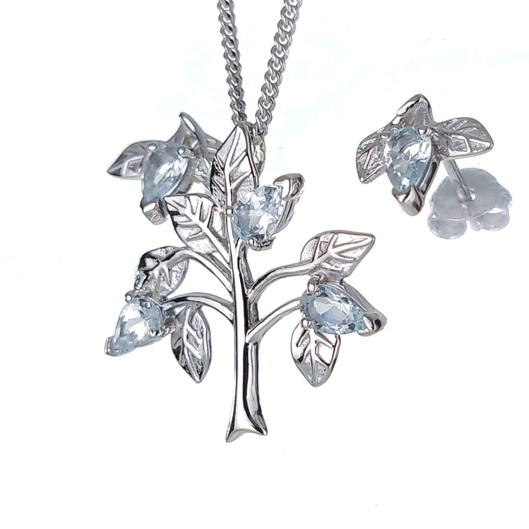 Aquamarine tree of life necklace earring set sterling silver