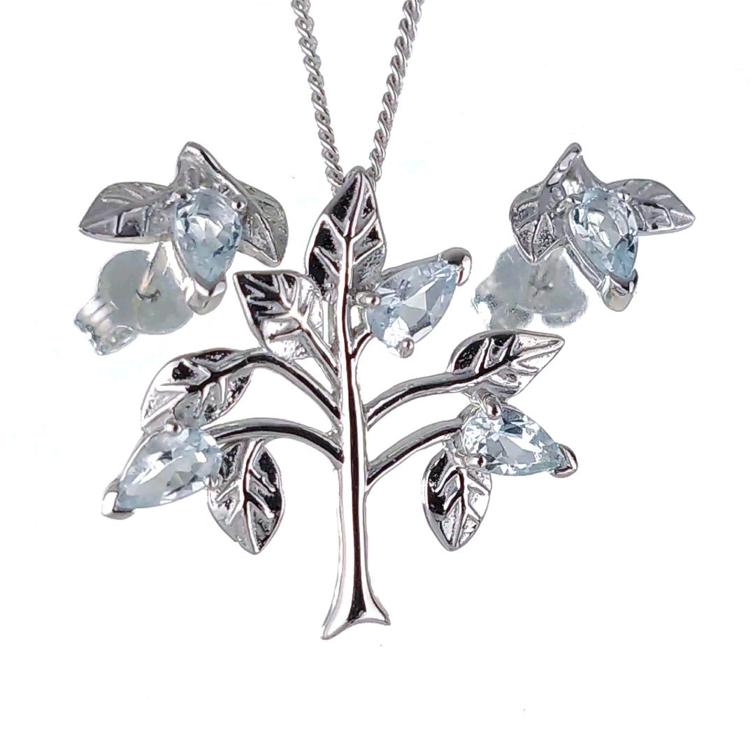 Aquamarine tree of life necklace earring set sterling silver