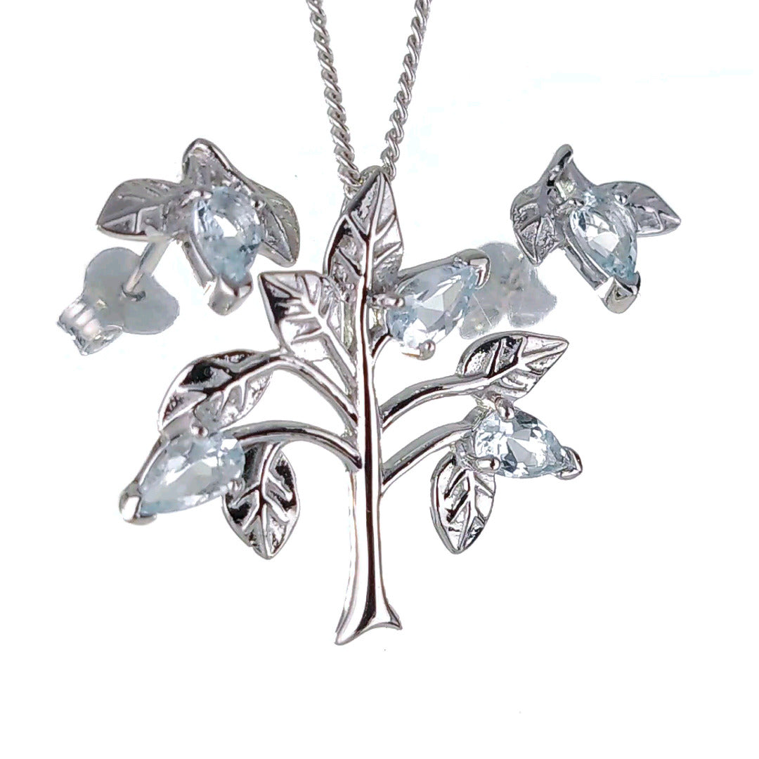 Aquamarine tree of life necklace earring set sterling silver