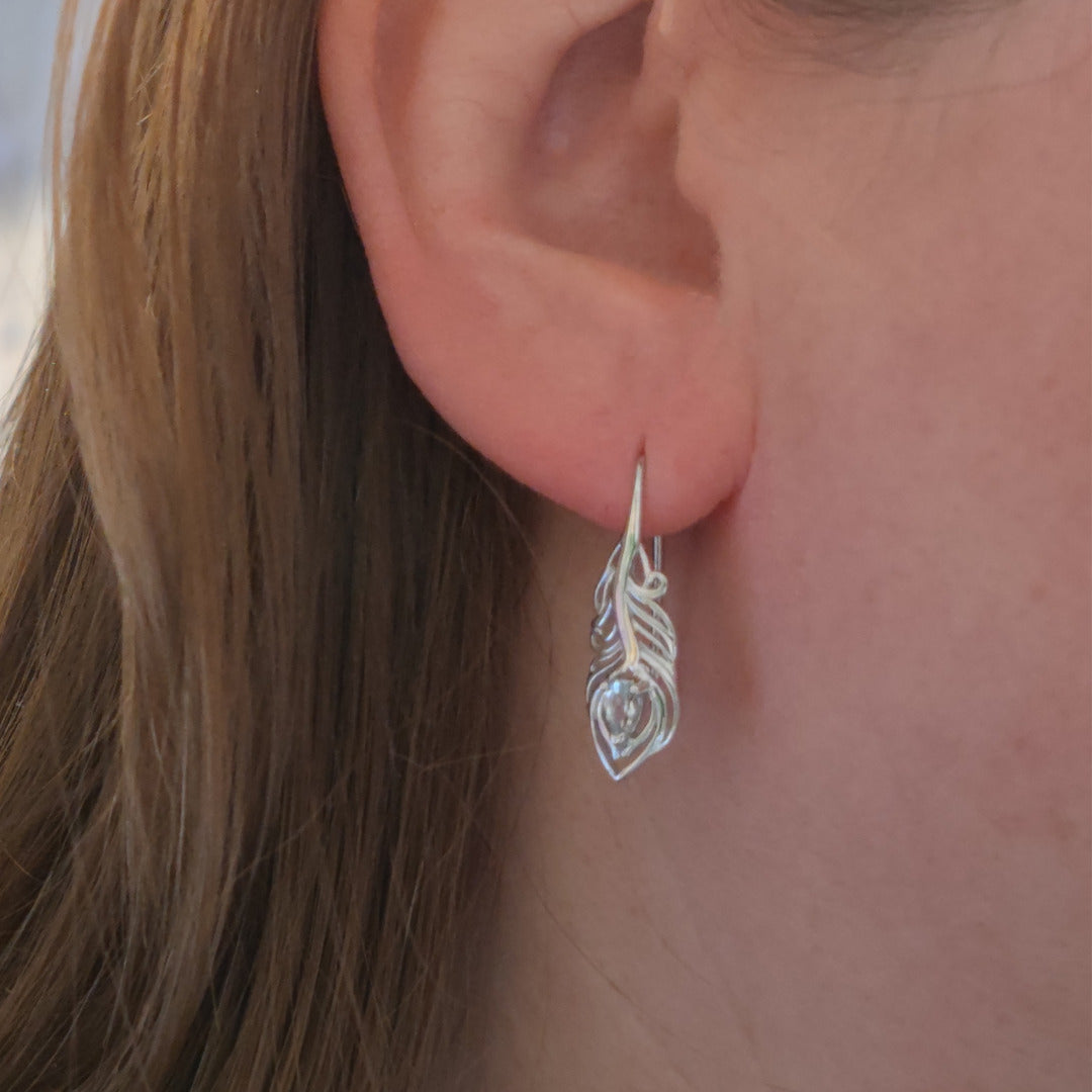 Aquamarine peacock feather dangle earrings sterling silver model