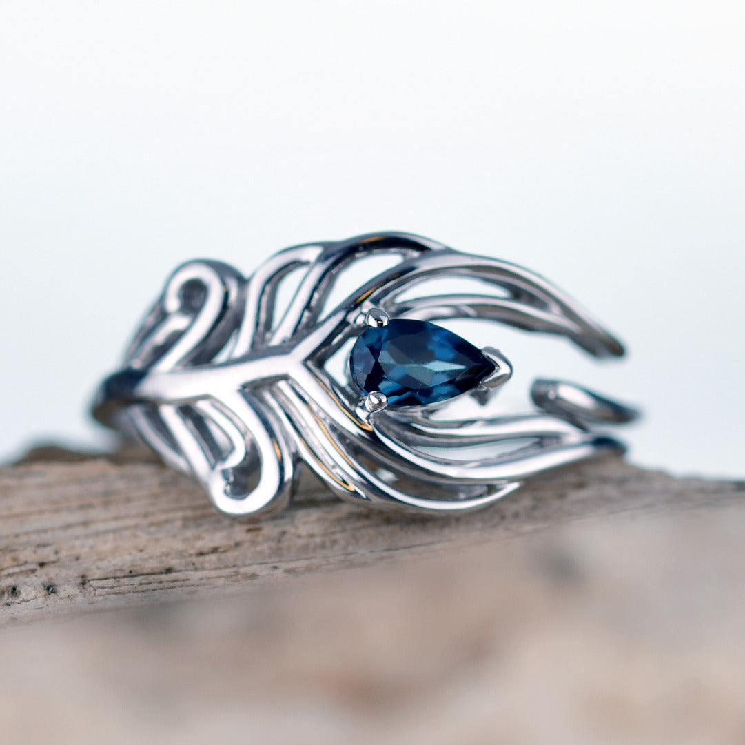 Sterling Silver Ring Peacock Feather London Blue Topaz December Birthstone