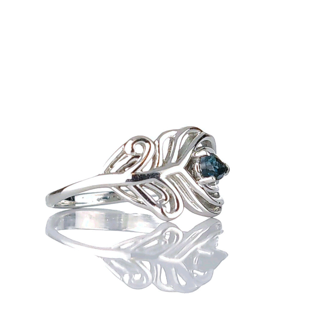 Sterling Silver Ring Peacock Feather London Blue Topaz December Birthstone