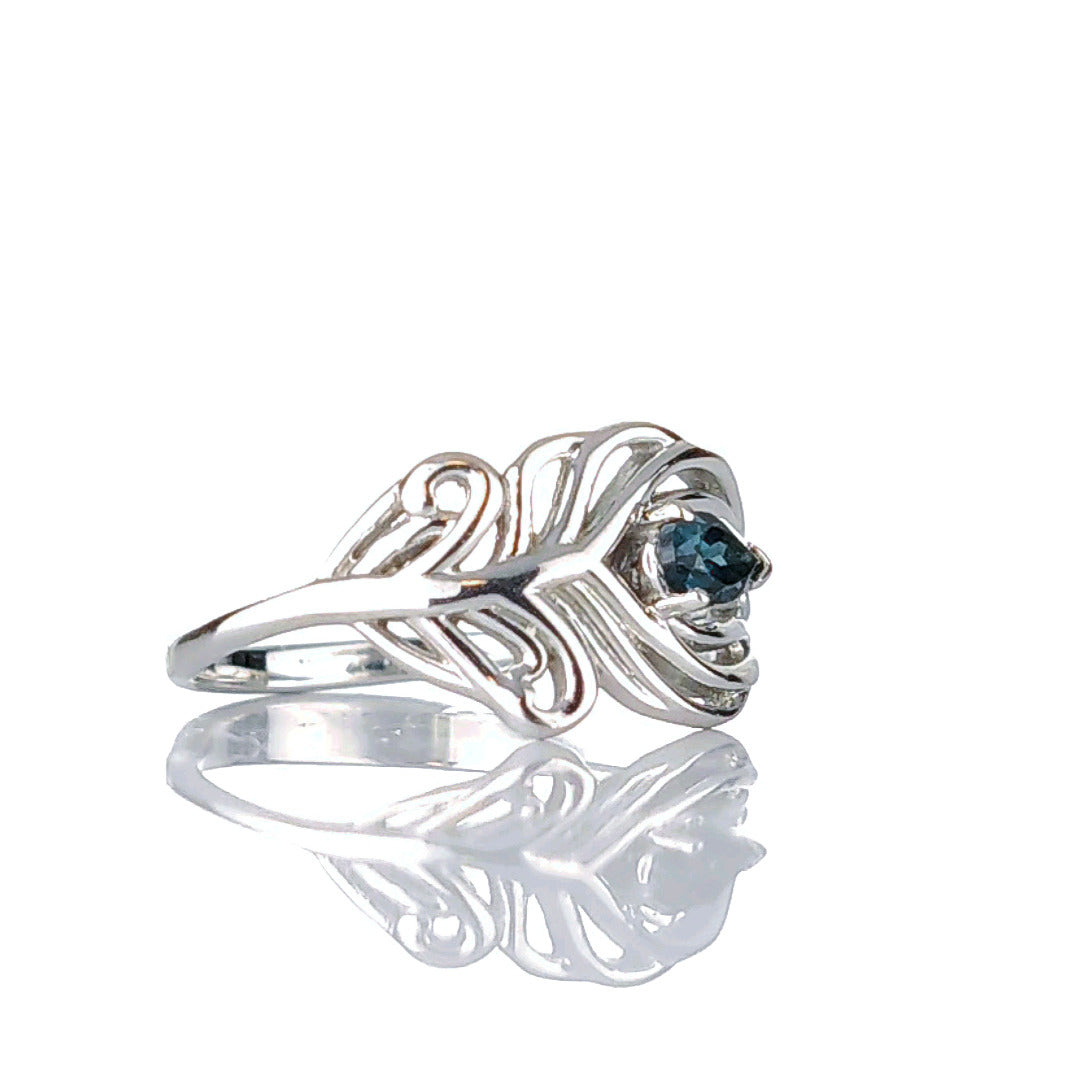 Sterling Silver Ring Peacock Feather London Blue Topaz December Birthstone