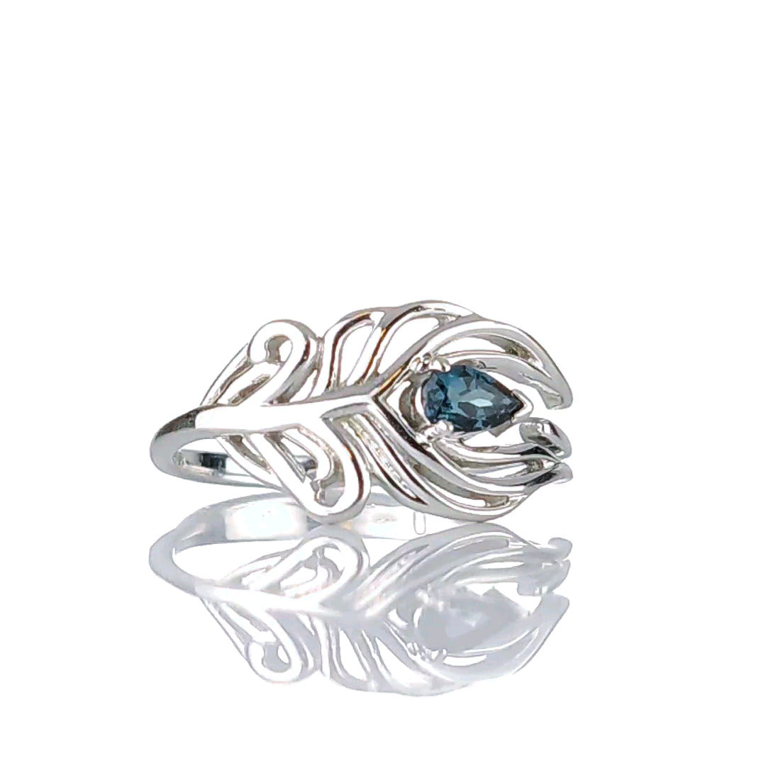 Sterling Silver Ring Peacock Feather London Blue Topaz December Birthstone