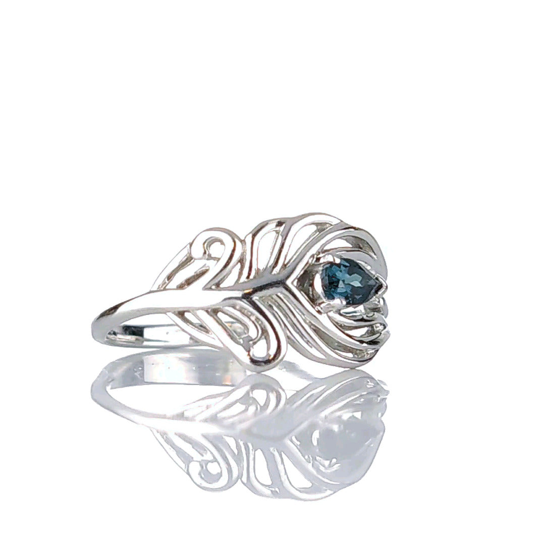 Sterling Silver Ring Peacock Feather London Blue Topaz December Birthstone