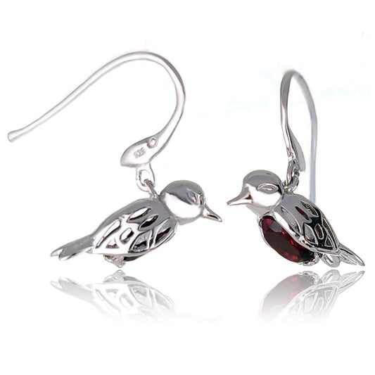 Robin Red Breast Earrings Sterling Silver Real Garnet Dangle Personalised Christmas Gift January Birthstone