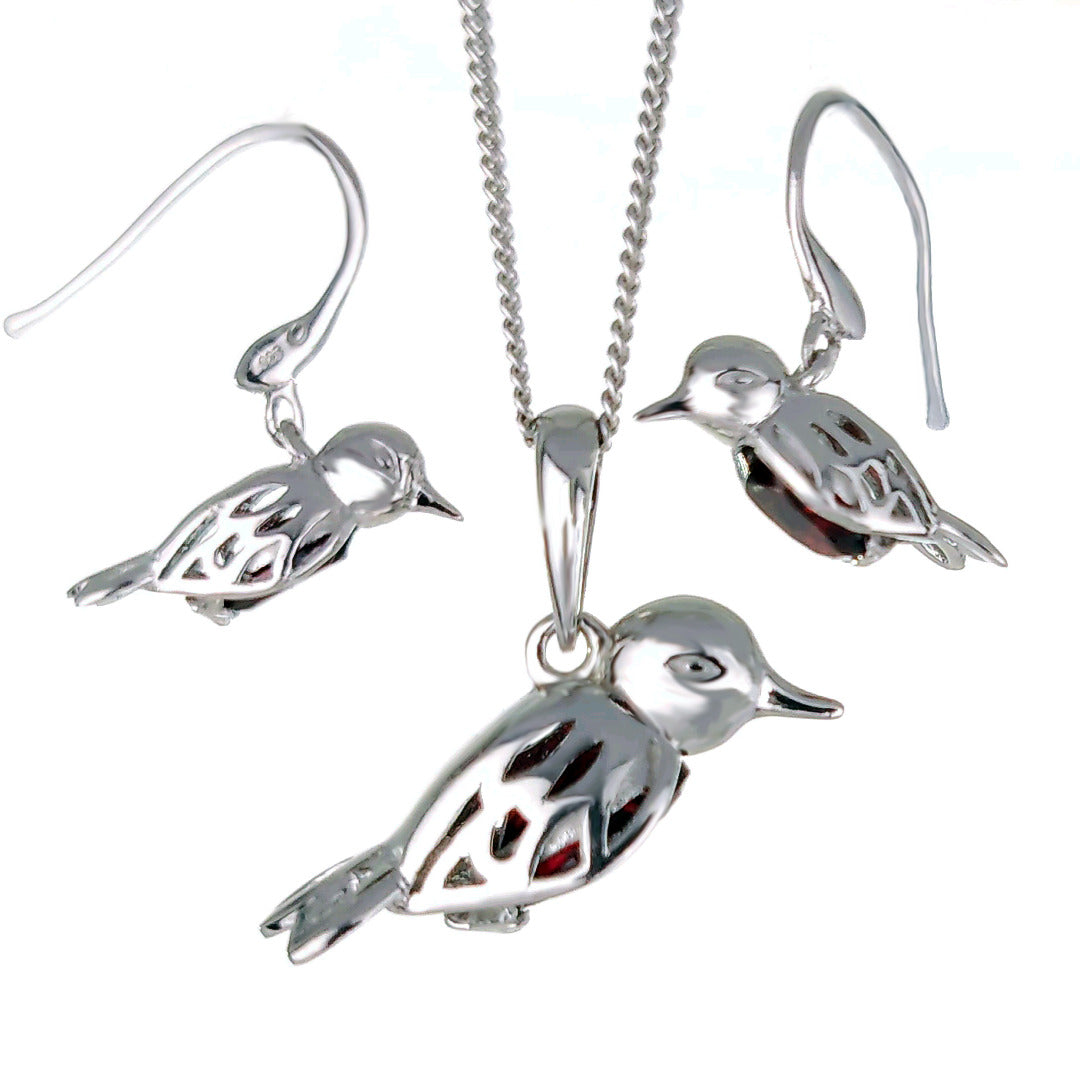 Robin Necklace Earring Set Sterling Silver Real Garnet