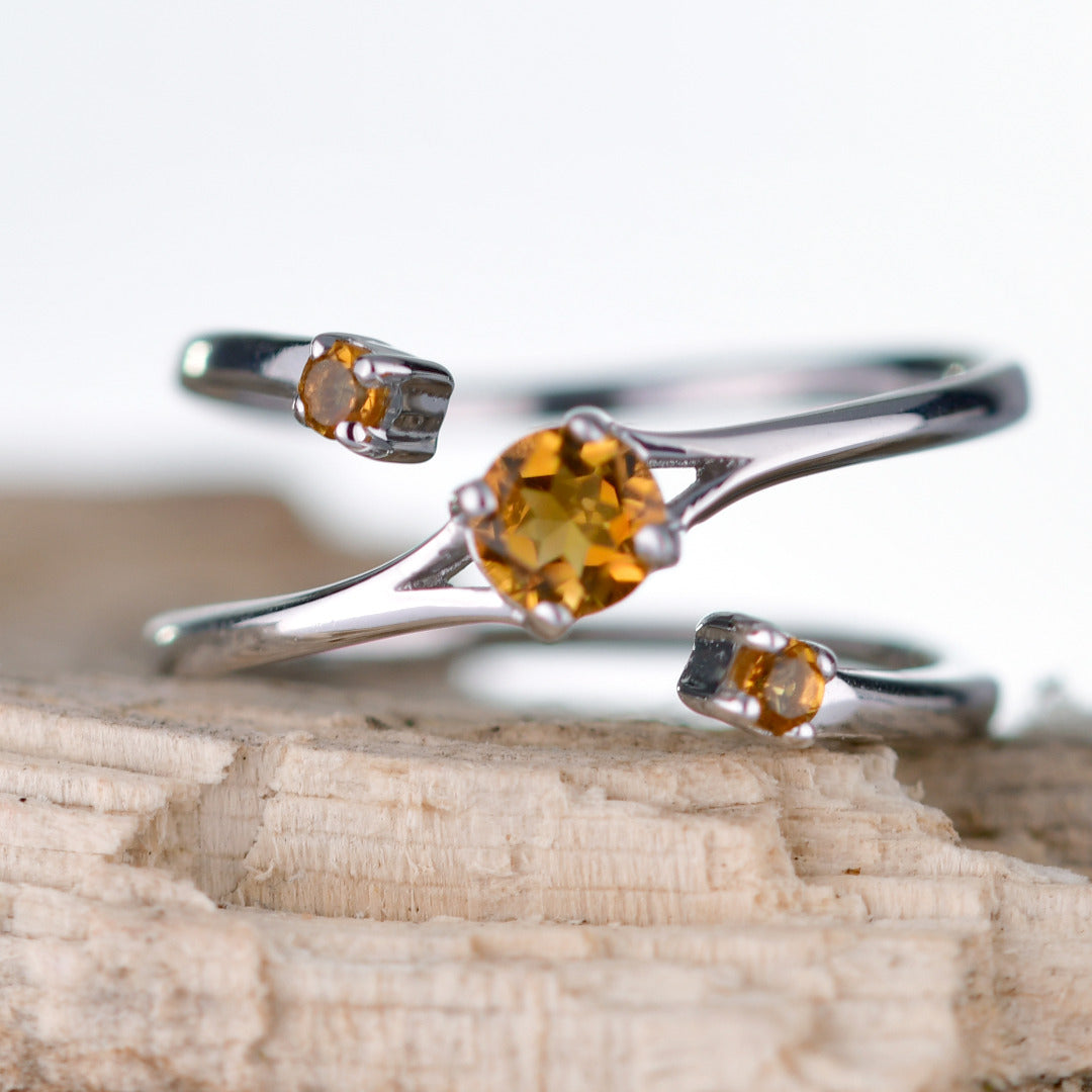 Sterling Silver Citrine Ring Adjustable Size I-T Yellow November Birthday