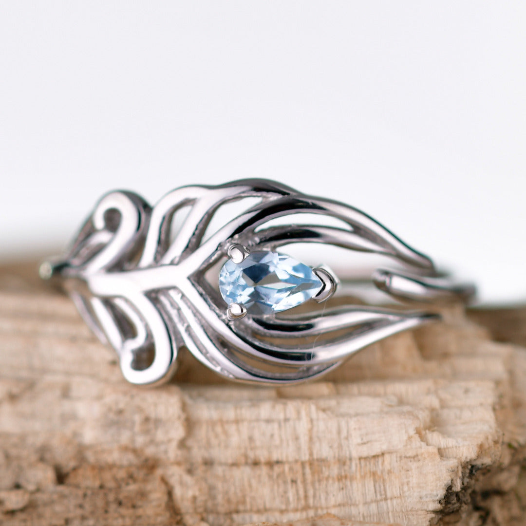 Sterling Silver Topaz Ring Adjustable  Size I-T Blue Peacock Feather December Birthstone