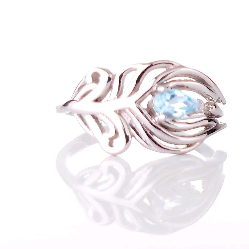 Sterling Silver Topaz Ring Adjustable  Size I-T Blue Peacock Feather December Birthstone