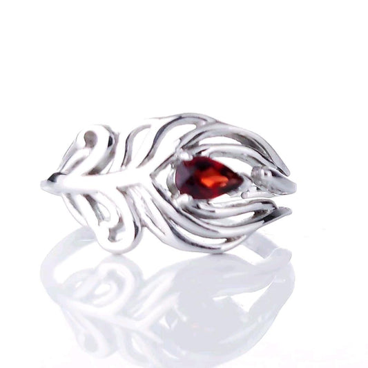 Garnet Peacock Feather Adjustable Ring Sterling Silver Size J-T