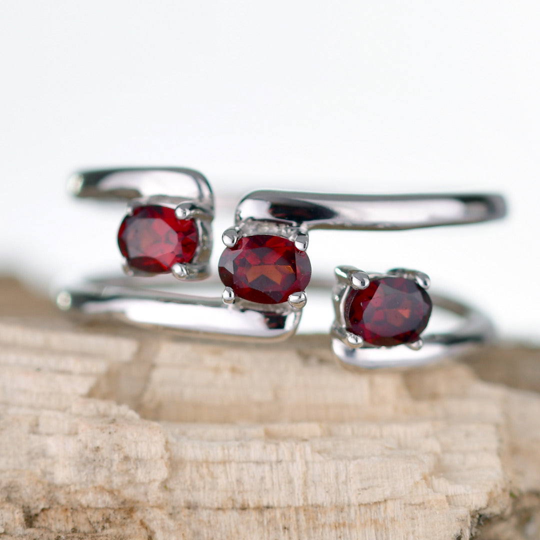 Garnet Adjustable Trilogy Ring Sterling Silver Size I-S