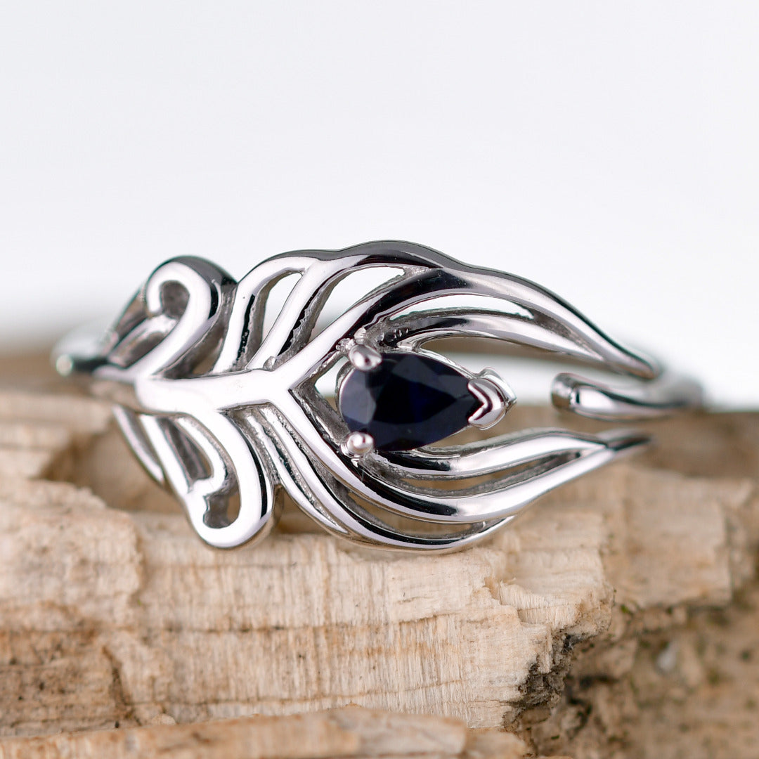 Sterling Silver Sapphire Ring Size J-T Adjustable Ink Blue Peacock Feather September Birthstone