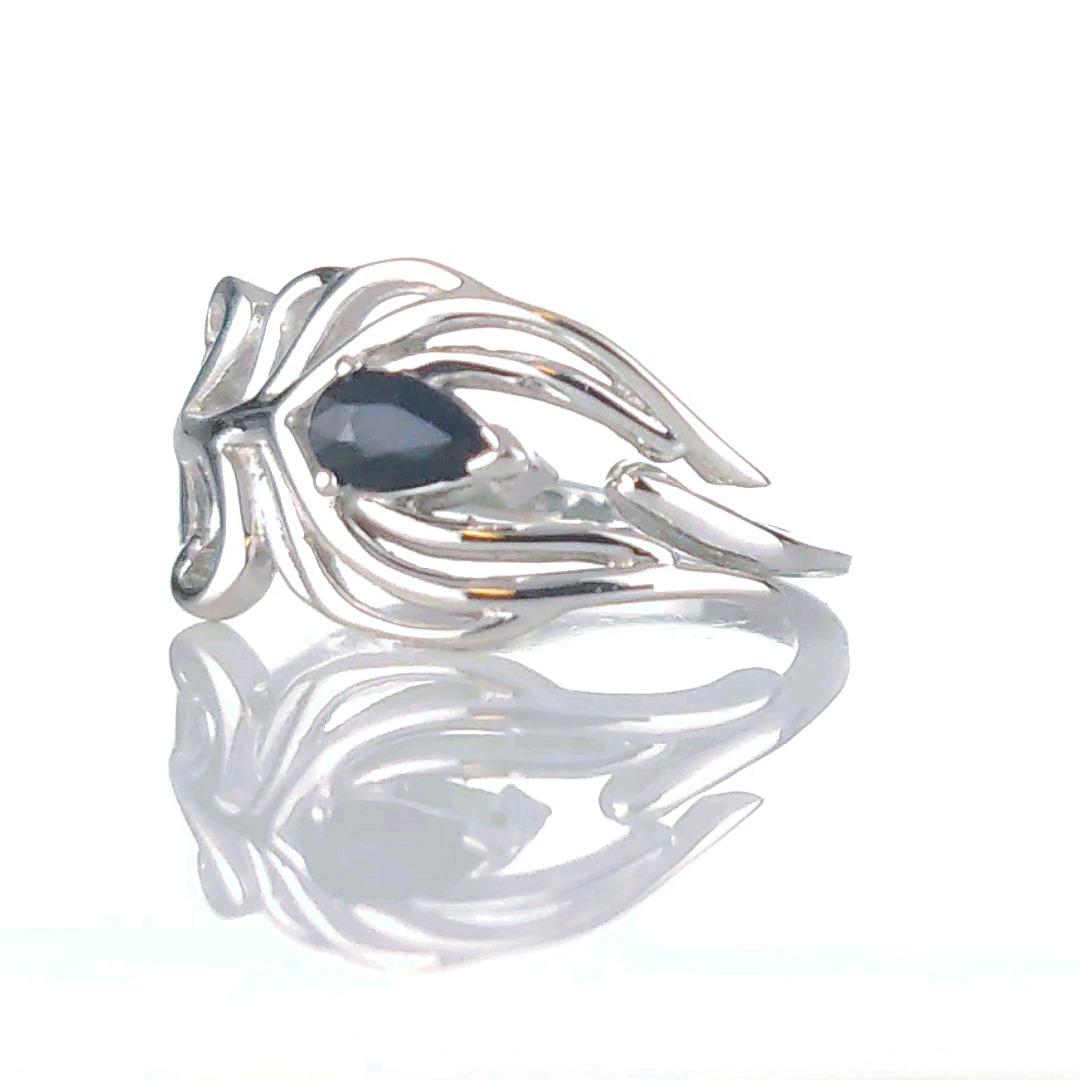 Sterling Silver Sapphire Ring Size J-T Adjustable Ink Blue Peacock Feather September Birthstone