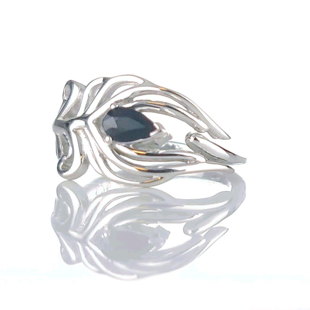 Sterling Silver Sapphire Ring Size J-T Adjustable Ink Blue Peacock Feather September Birthstone