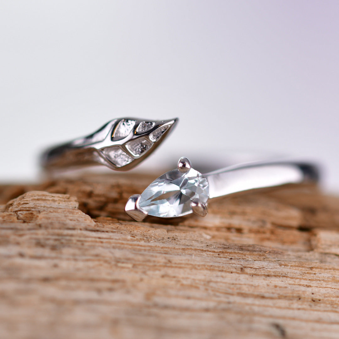 Aquamarine Adjustable Leaf ring sterling silver branch