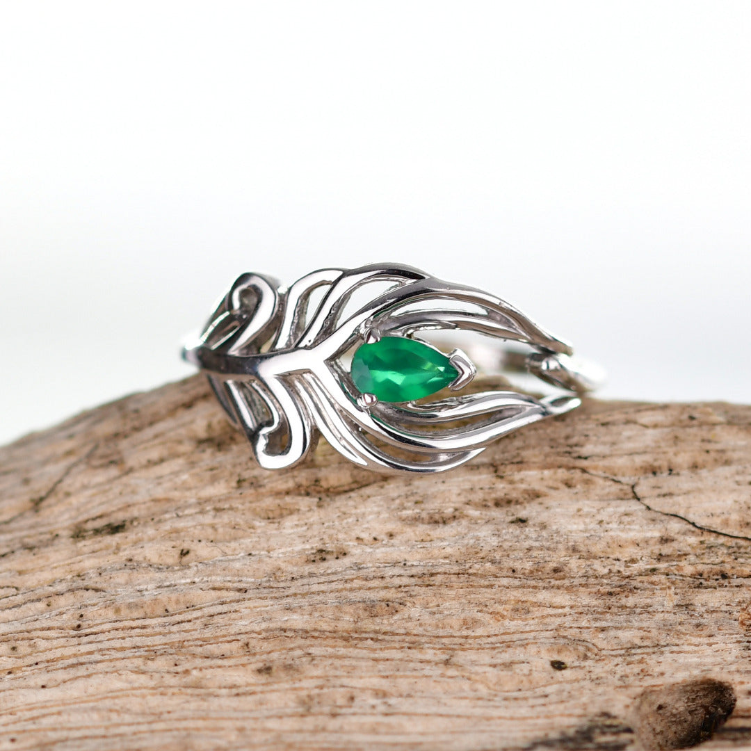 Sterling Silver Onyx Green Ring Adjustable Size I-T Peacock Feather