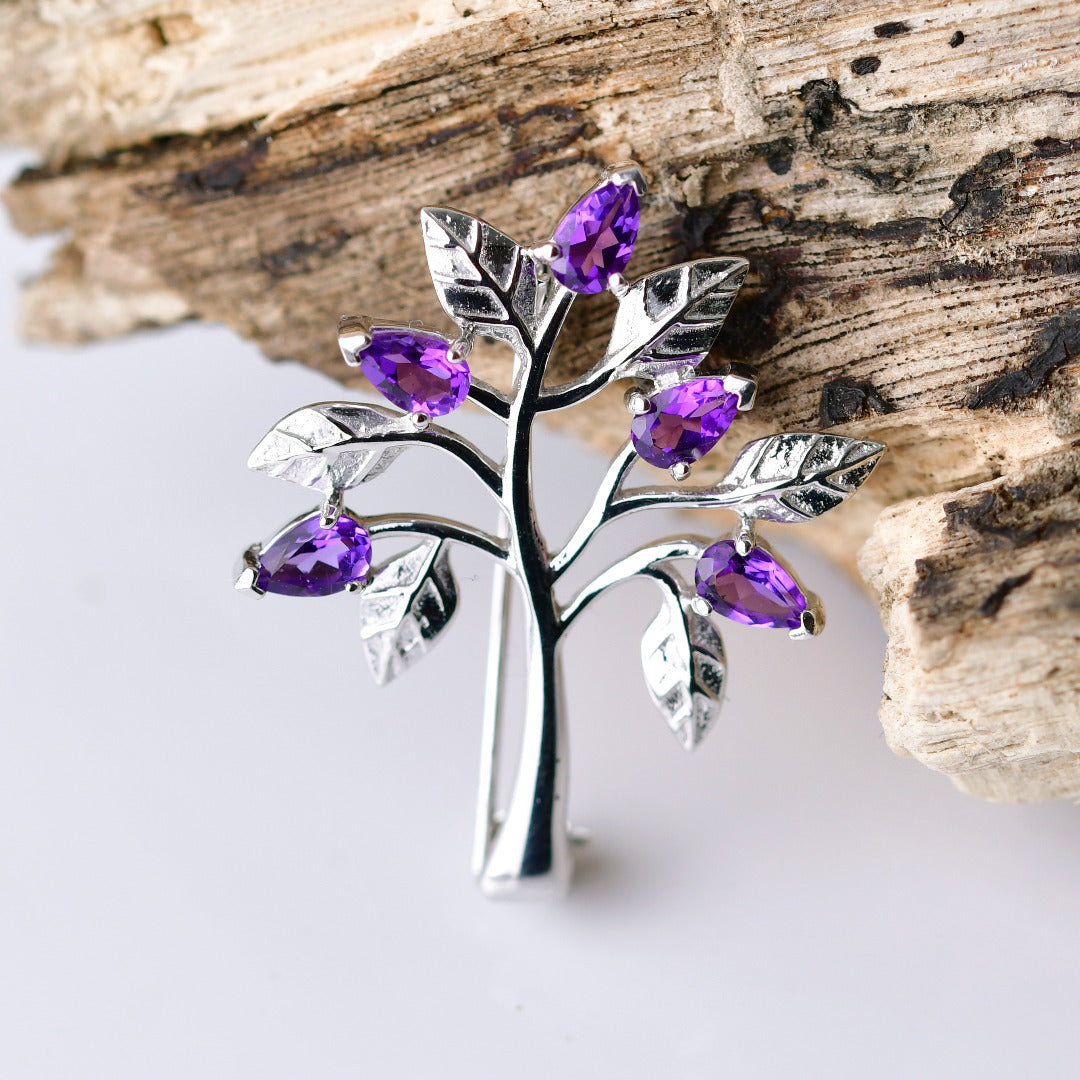 Amethyst Brooch Tree of Life Sterling Silver