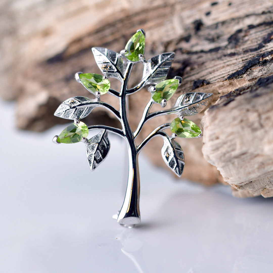 Peridot Brooch Tree of Life Sterling Silver Green 1ct