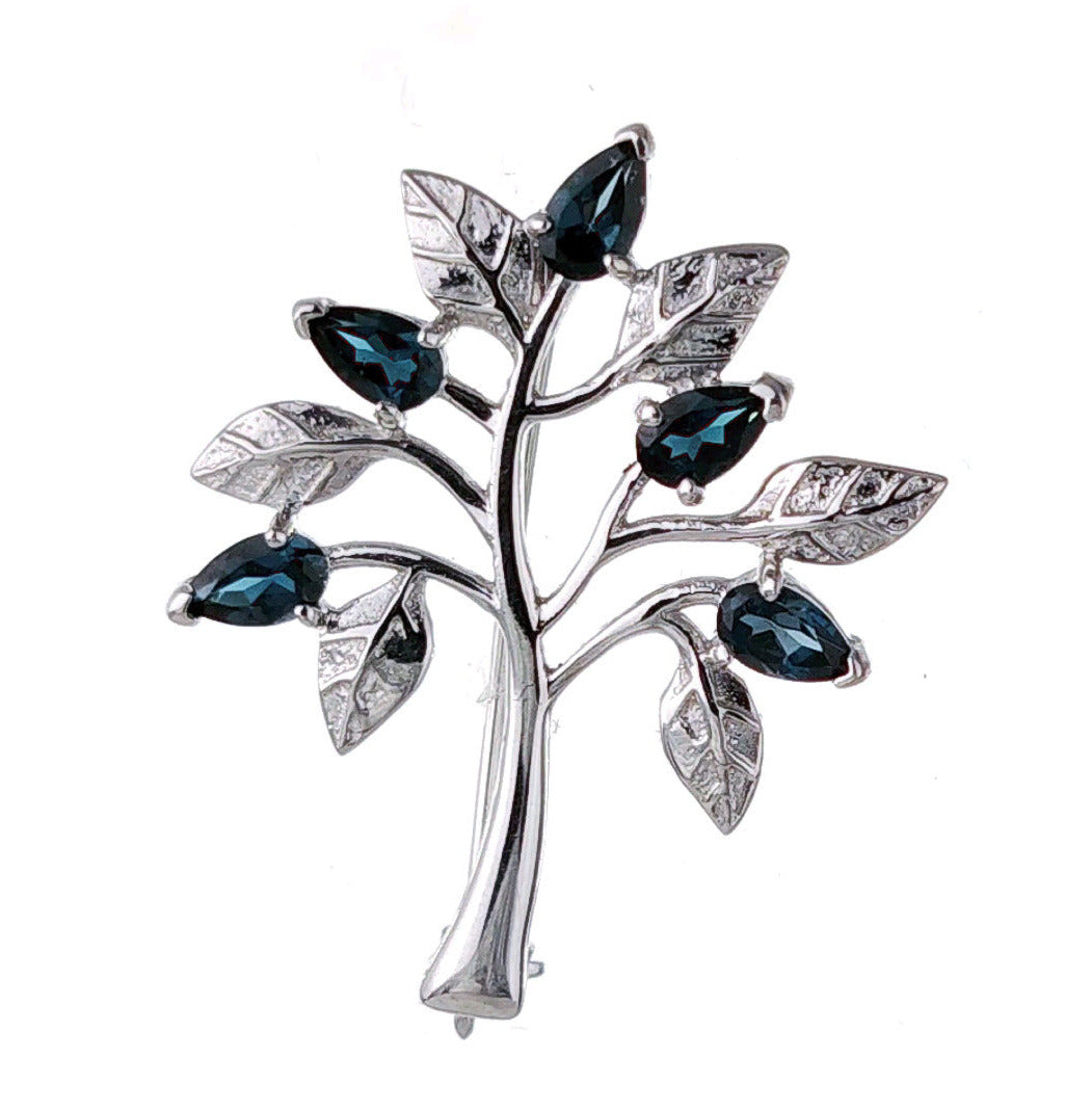 London Blue Topaz Brooch Tree of Life Sterling Silver Boxed Gift