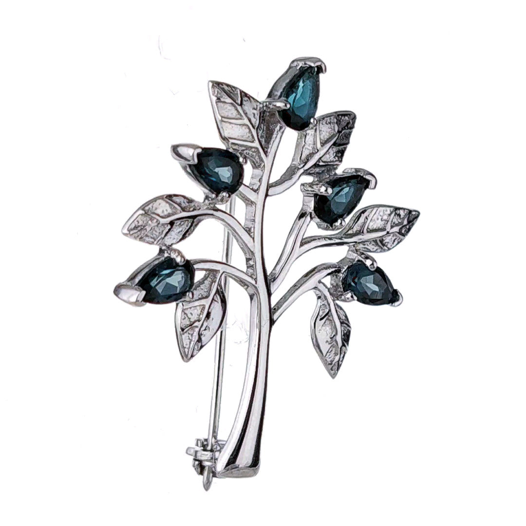 London Blue Topaz Brooch Tree of Life Sterling Silver Boxed Gift