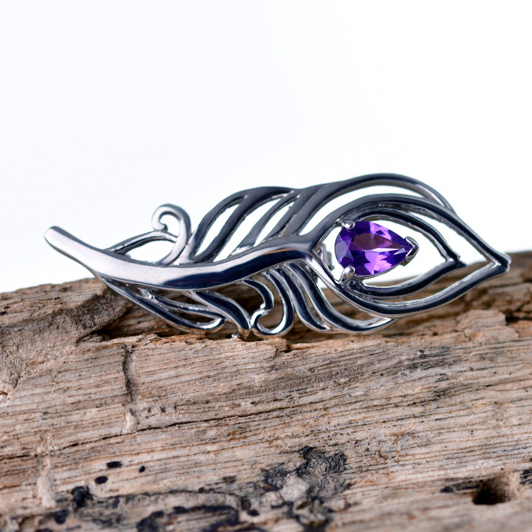 Amethyst Sterling Silver Brooch 0.61ct Peacock Feather February Birthstone