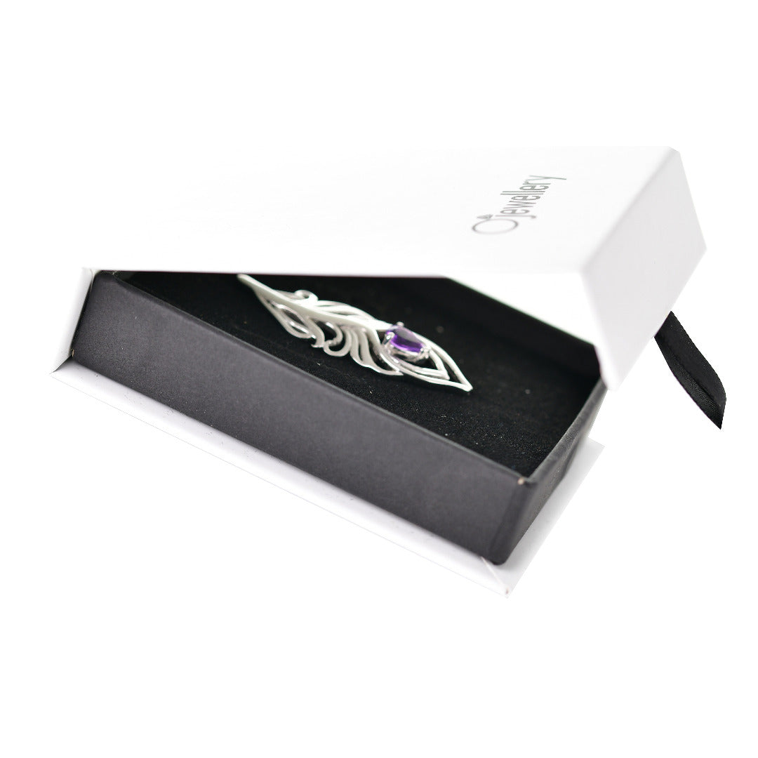 Amethyst Sterling Silver Brooch 0.61ct Peacock Feather February Birthstone