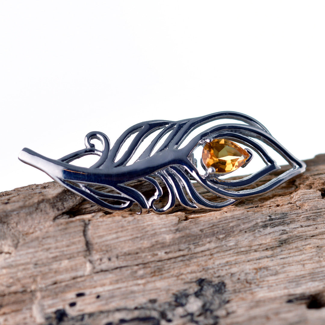 Citrine Sterling Silver Brooch 0.65ct Yellow Peacock Feather