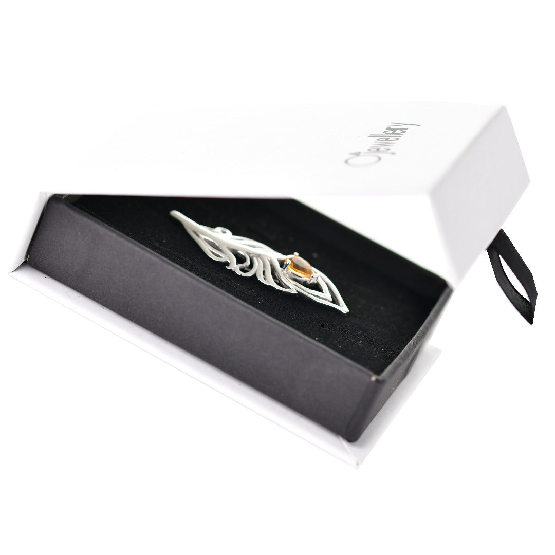 Citrine Sterling Silver Brooch 0.65ct Yellow Peacock Feather