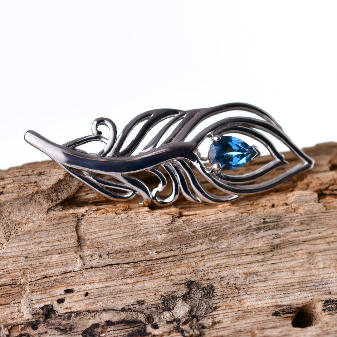 London Blue Topaz 0.77ct Sterling Silver Brooch Peacock Feather