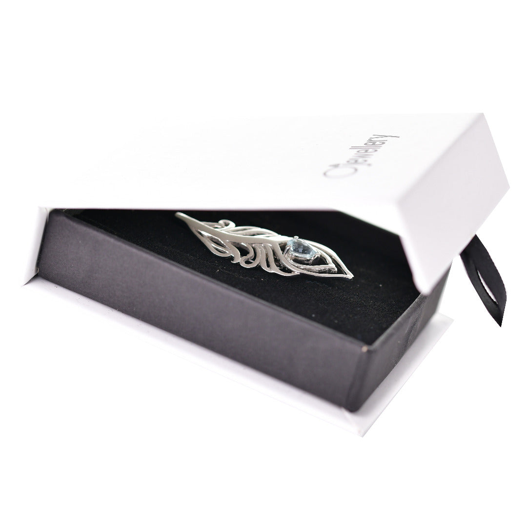 Aquamarine Peacock Feather Brooch Boxed