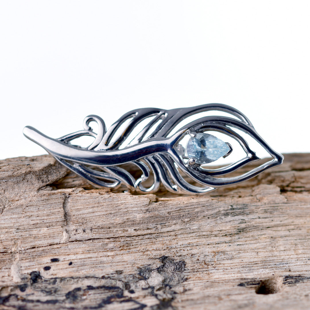 Aquamarine Peacock Feather Brooch on branch