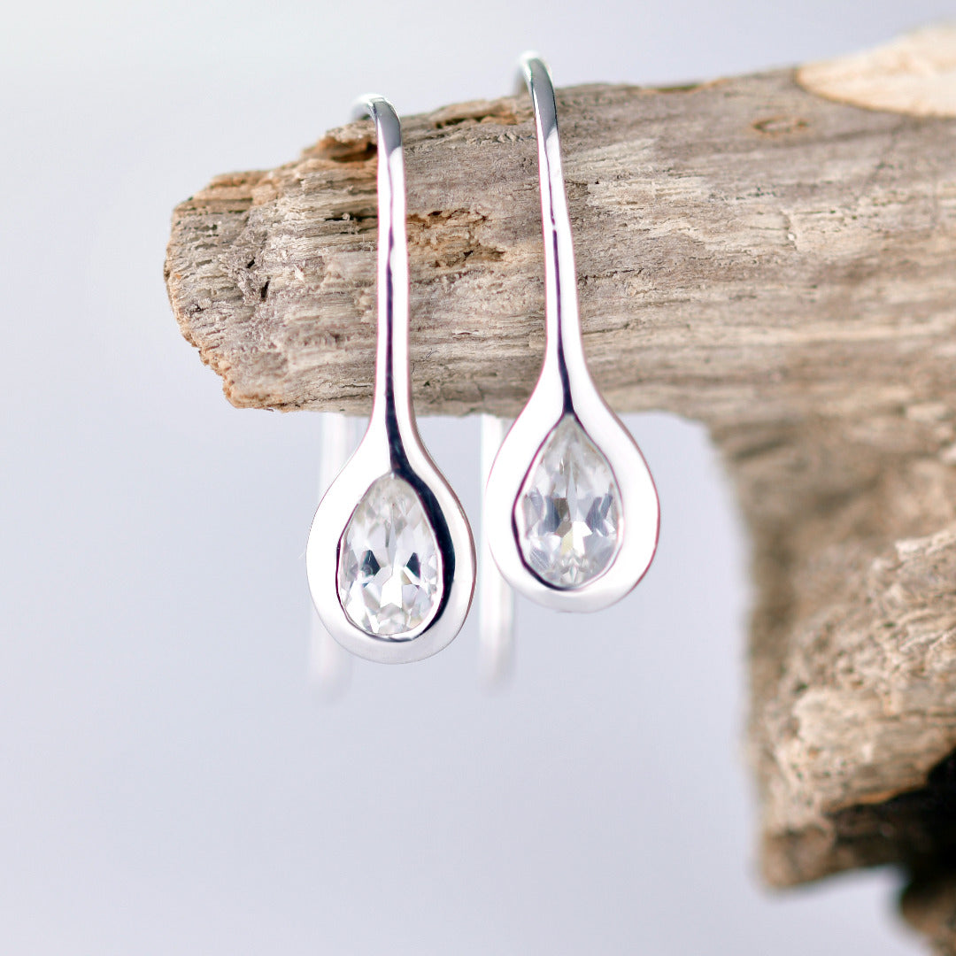 Silver Earrings Dangle White Topaz Pear