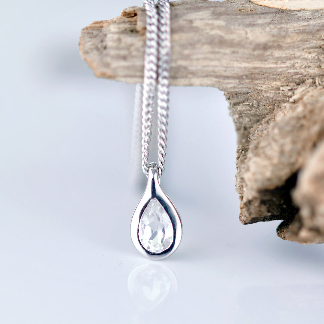 White Topaz Necklace 0.5ct Pear Pendant Sterling Silver