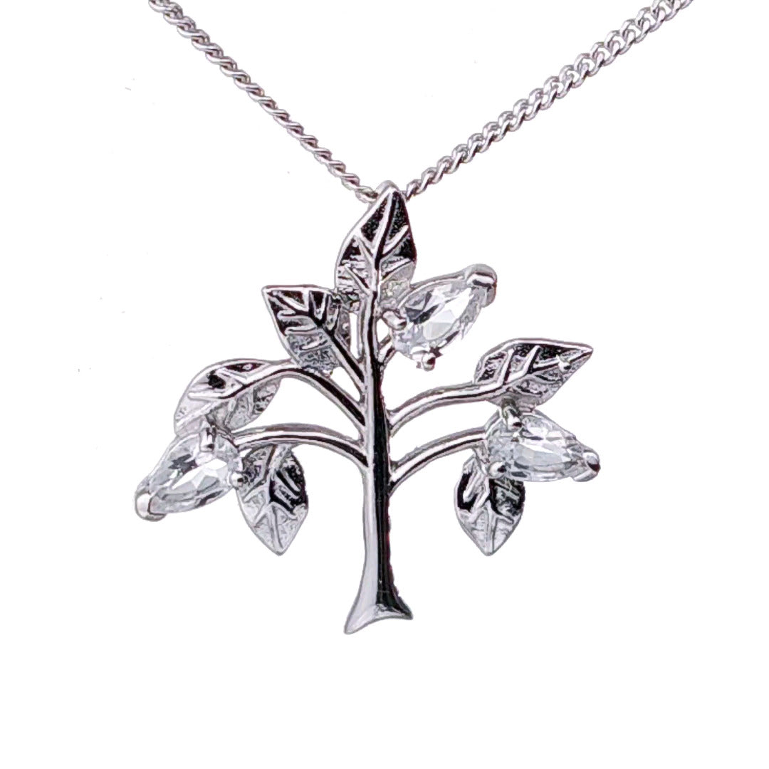 White Topaz Necklace 0.75ct Pear Tree of Life Pendant Sterling Silver