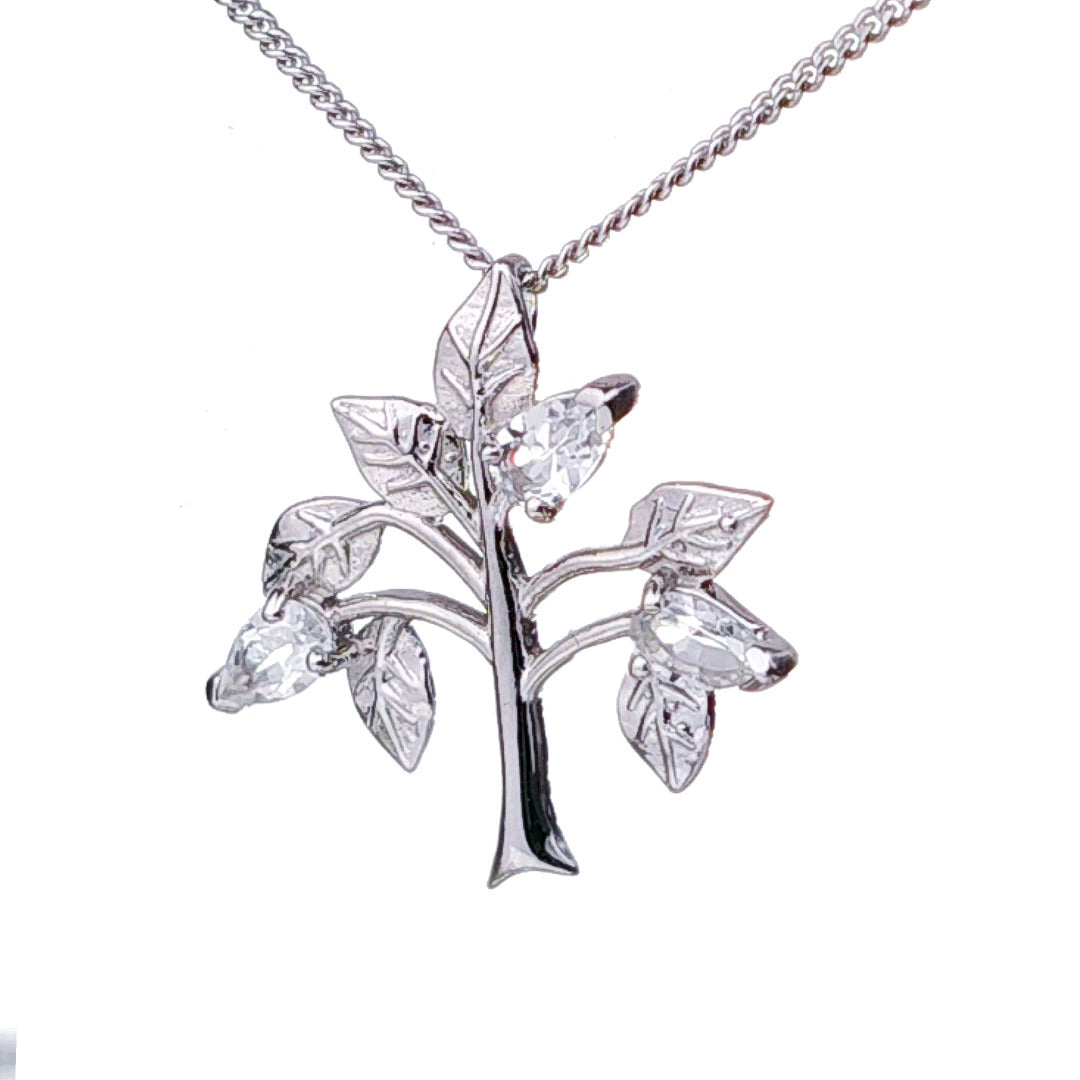 White Topaz Necklace 0.75ct Pear Tree of Life Pendant Sterling Silver