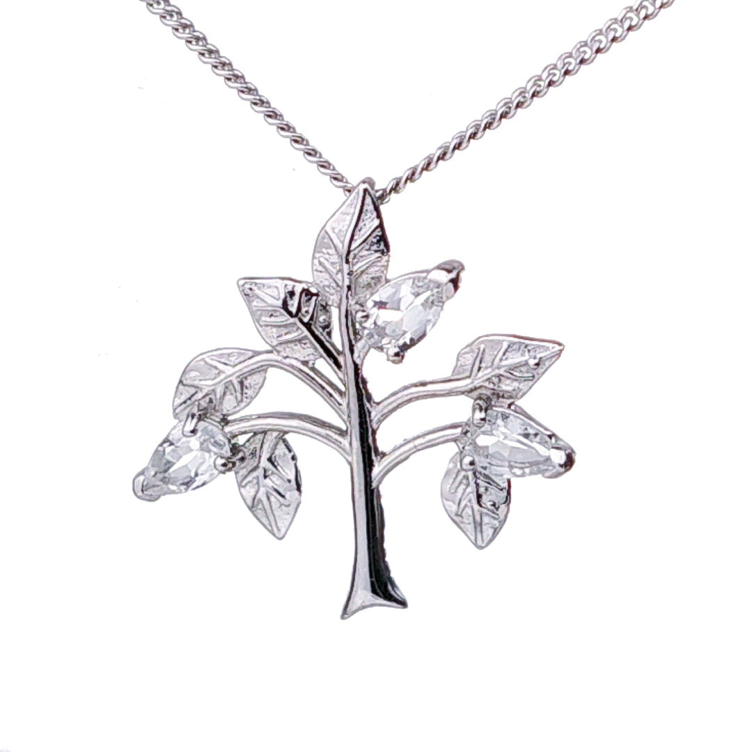 White Topaz Necklace 0.75ct Pear Tree of Life Pendant Sterling Silver