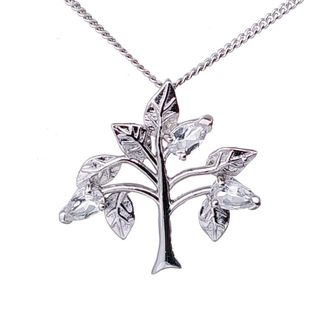 White Topaz Necklace 0.75ct Pear Tree of Life Pendant Sterling Silver