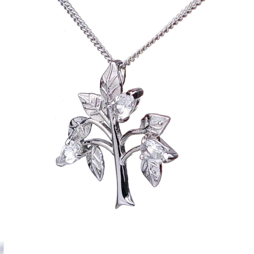 White Topaz Necklace 0.75ct Pear Tree of Life Pendant Sterling Silver