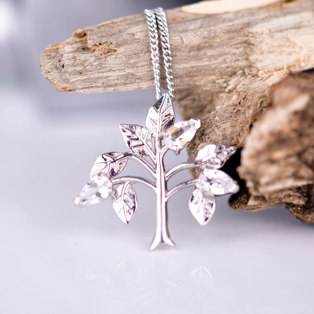 White Topaz Necklace 0.75ct Pear Tree of Life Pendant Sterling Silver