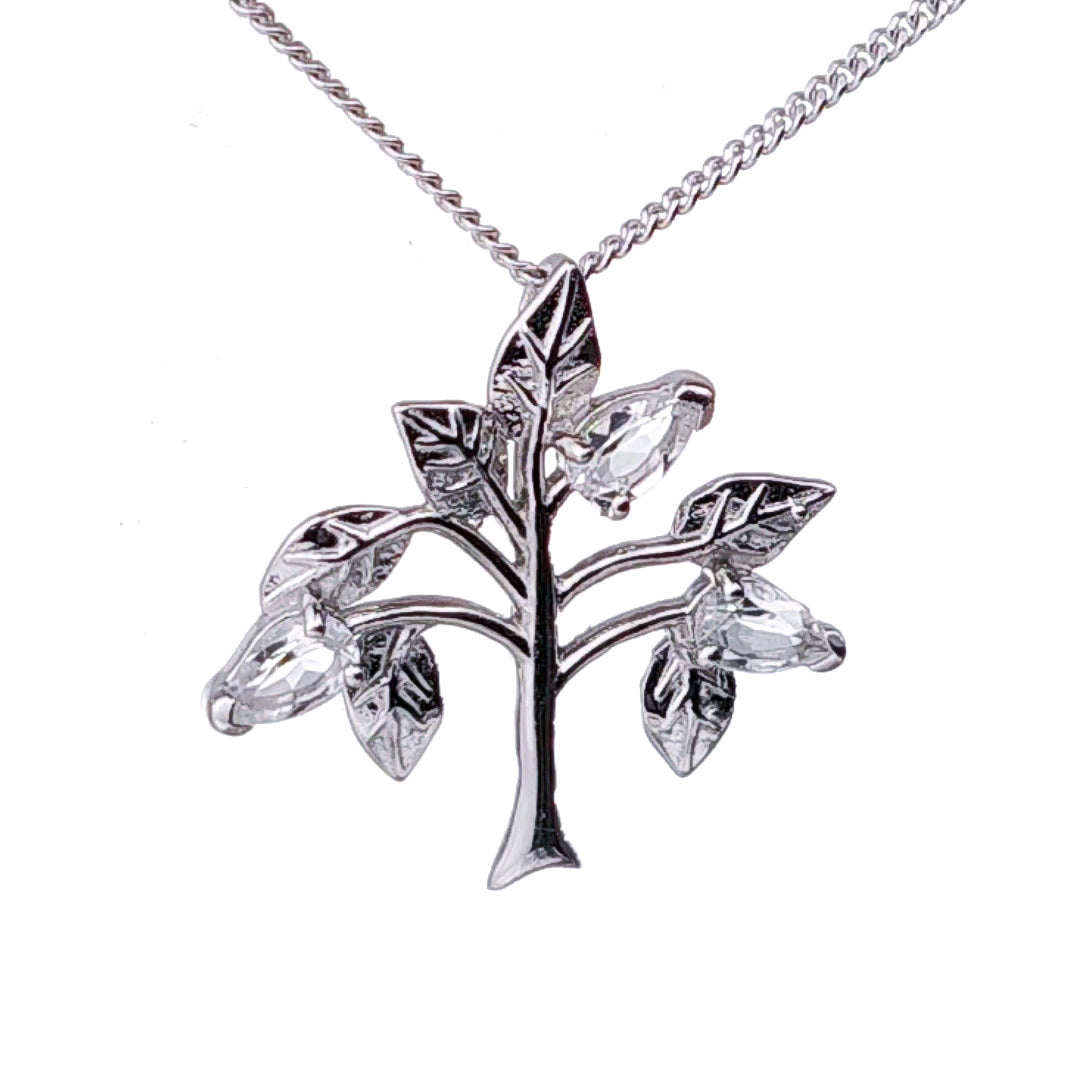 White Topaz Necklace 0.75ct Pear Tree of Life Pendant Sterling Silver